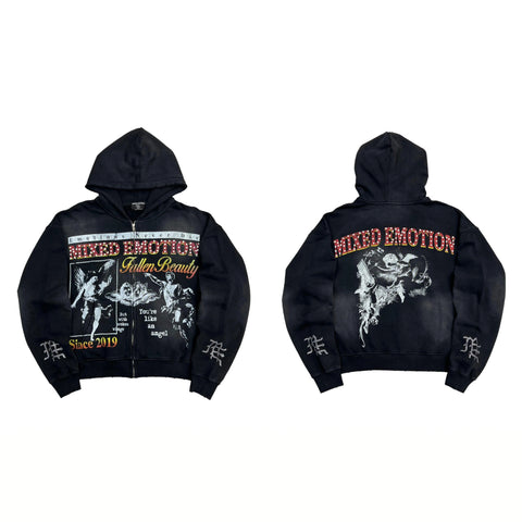 MIXED EMOTIO Fallen Beauty Vintage Angel Graphic Full Zip‑Up Hoodie Black