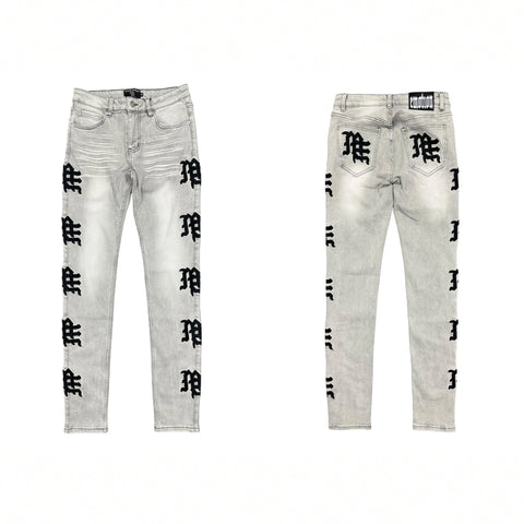 MIXED EMOTIO Gothic Logo Side‑Print Slim Denim Jeans Grey Wash