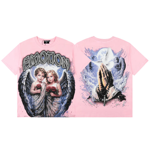 MIXED EMOTIO Cherub Rose & Praying Hands Double‑Sided Graphic Pink Short‑Sleeve T‑Shirt