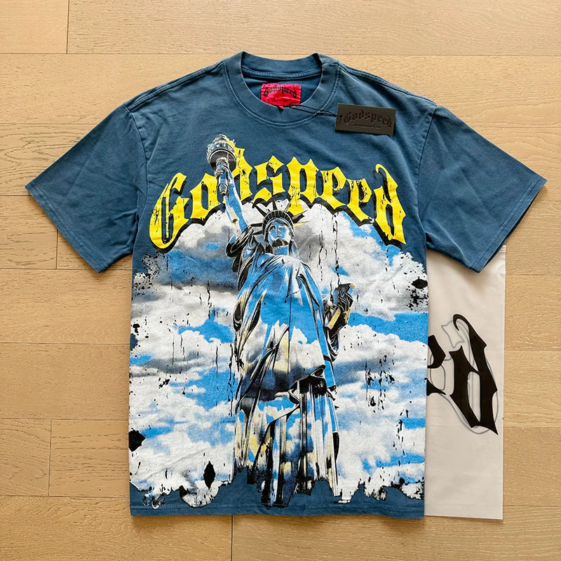 Godspeed Statue of Liberty Blue Sky Graphic Tee Cotton Acid Washed Shirt