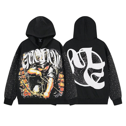 MIXED EMOTIO Blindfold Cupid Graphic Rhinestone Sleeve Hoodie Black