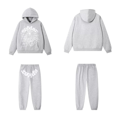 SP5DER Web Graphic Pullover Hoodie and Sweatpants Matching Set - Heather Grey