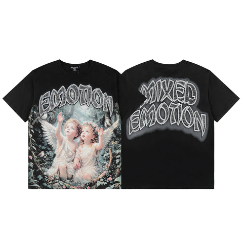 MIXED EMOTIO Vintage Cherub Angel Forest Graphic Black Short‑Sleeve T‑Shirt