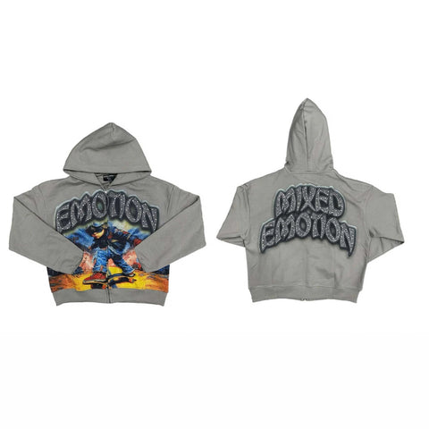 MIXED EMOTIO Skate Boy Vintage Graphic Full Zip‑Up Hoodie Grey