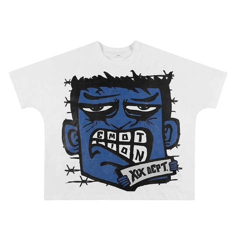 MIXED EMOTIO Blue Frankenstein Monster Graphic Short Sleeve T‑Shirt White