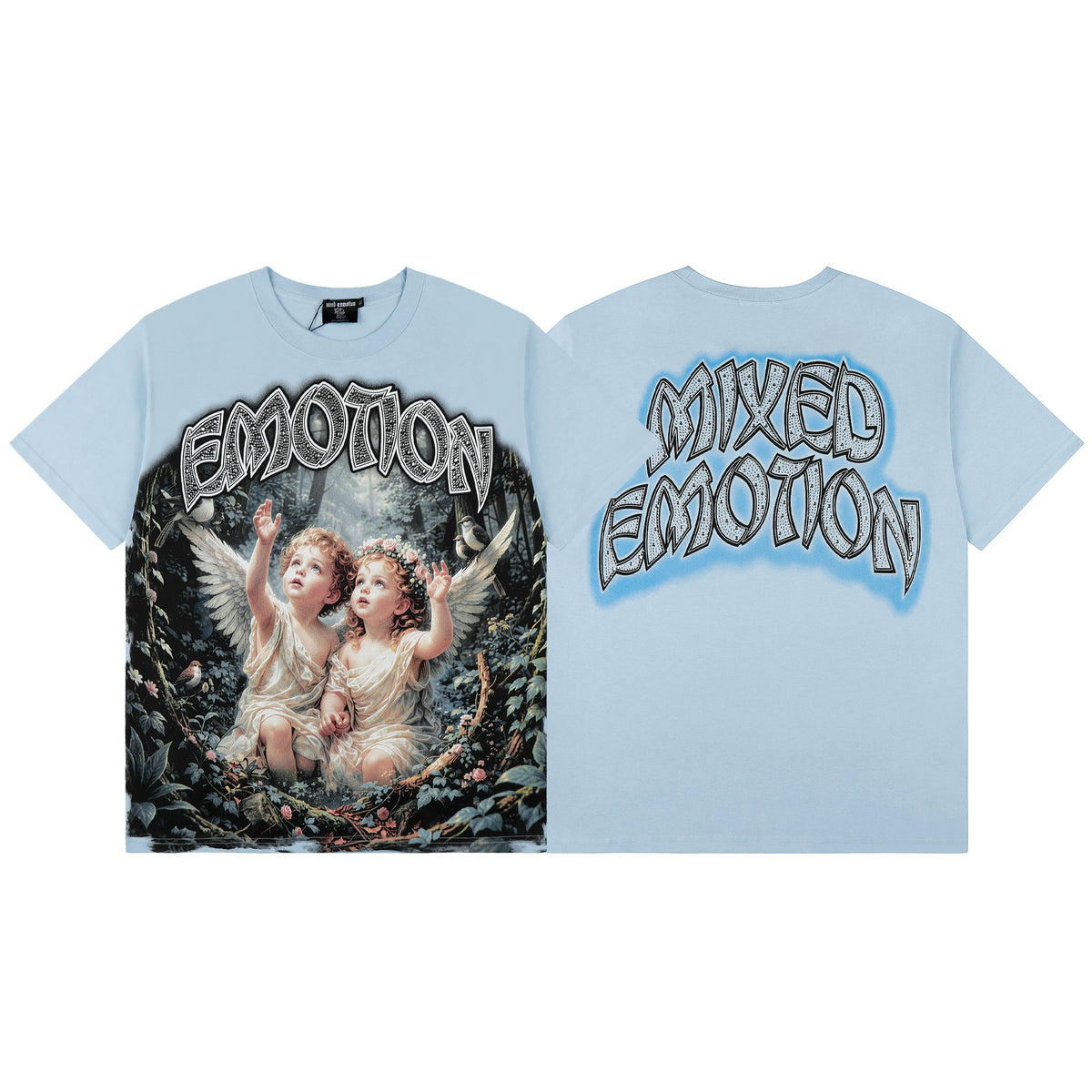 MIXED EMOTIO Vintage Cherub Angel Forest Graphic Light Blue Short‑Sleeve T‑Shirt