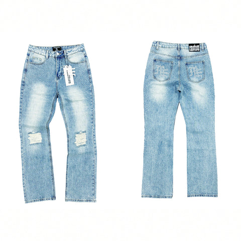 MIXED EMOTIO Rhinestone Washed Distressed Flare Denim Jeans Light Blue