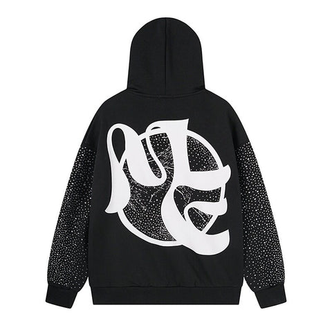 MIXED EMOTIO Blindfold Cupid Graphic Rhinestone Sleeve Hoodie Black