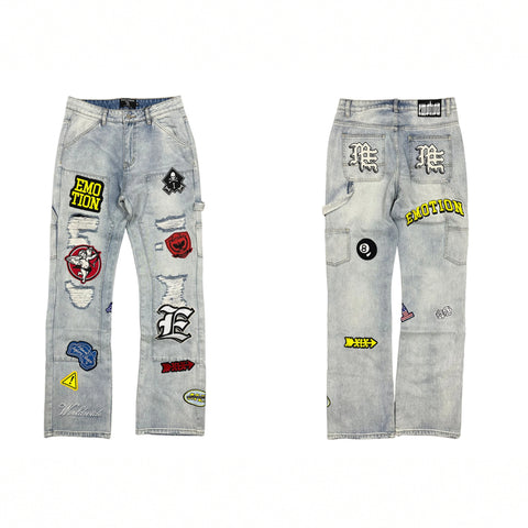 MIXED EMOTIO Multi‑Patch Distressed Carpenter Flare Denim Jeans Light Wash