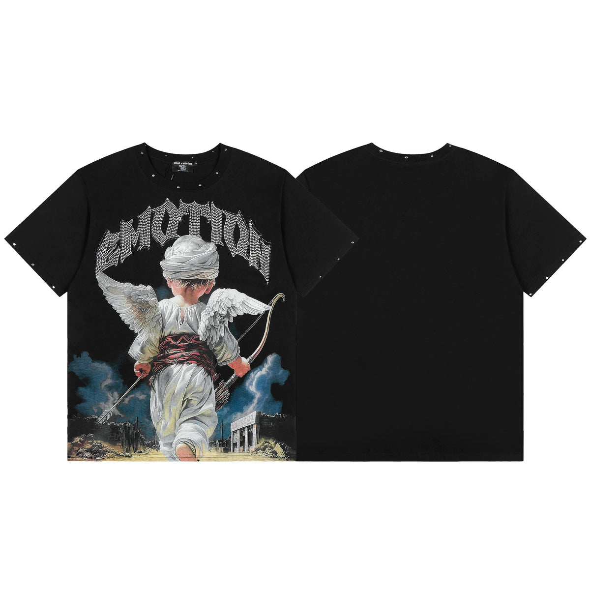 MIXED EMOTIO Winged Archer Cherub Desert Graphic Black Short‑Sleeve T‑Shirt