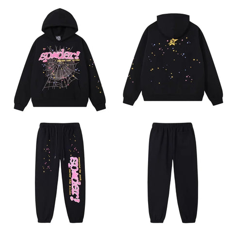 SP5DER Web Graphic Pullover Hoodie and Sweatpants Matching Set - Black / Pink