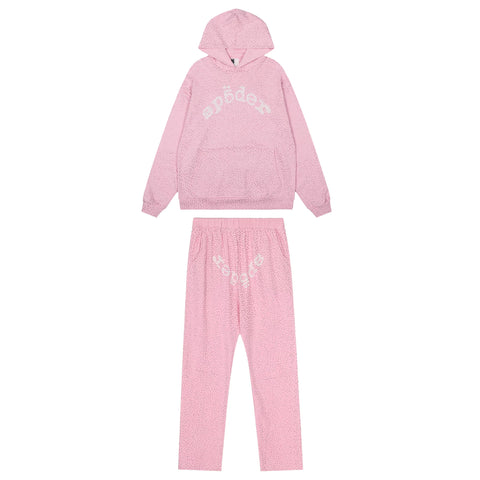 Sp5der Rhinestone Letter Graphic Pink Hoodie and Sweatpants Tracksuit Set