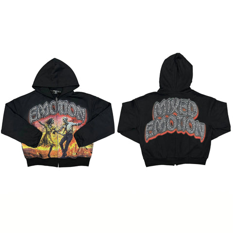 MIXED EMOTIO Skate Boy Vintage Graphic Full Zip‑Up Hoodie Grey