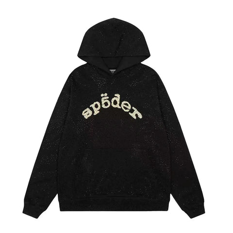 Sp5der Rhinestone Letter Graphic Black Pullover Hoodie