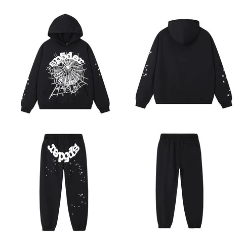 SP5DER Web Graphic Pullover Hoodie and Sweatpants Matching Set - Black / White