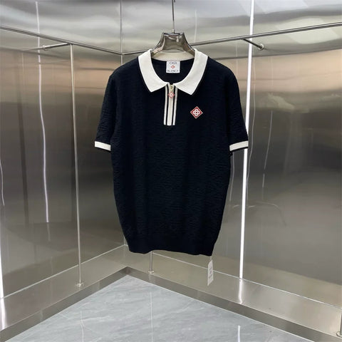 Casablanca Striped Placket Knit Polo Shirt - Black / White