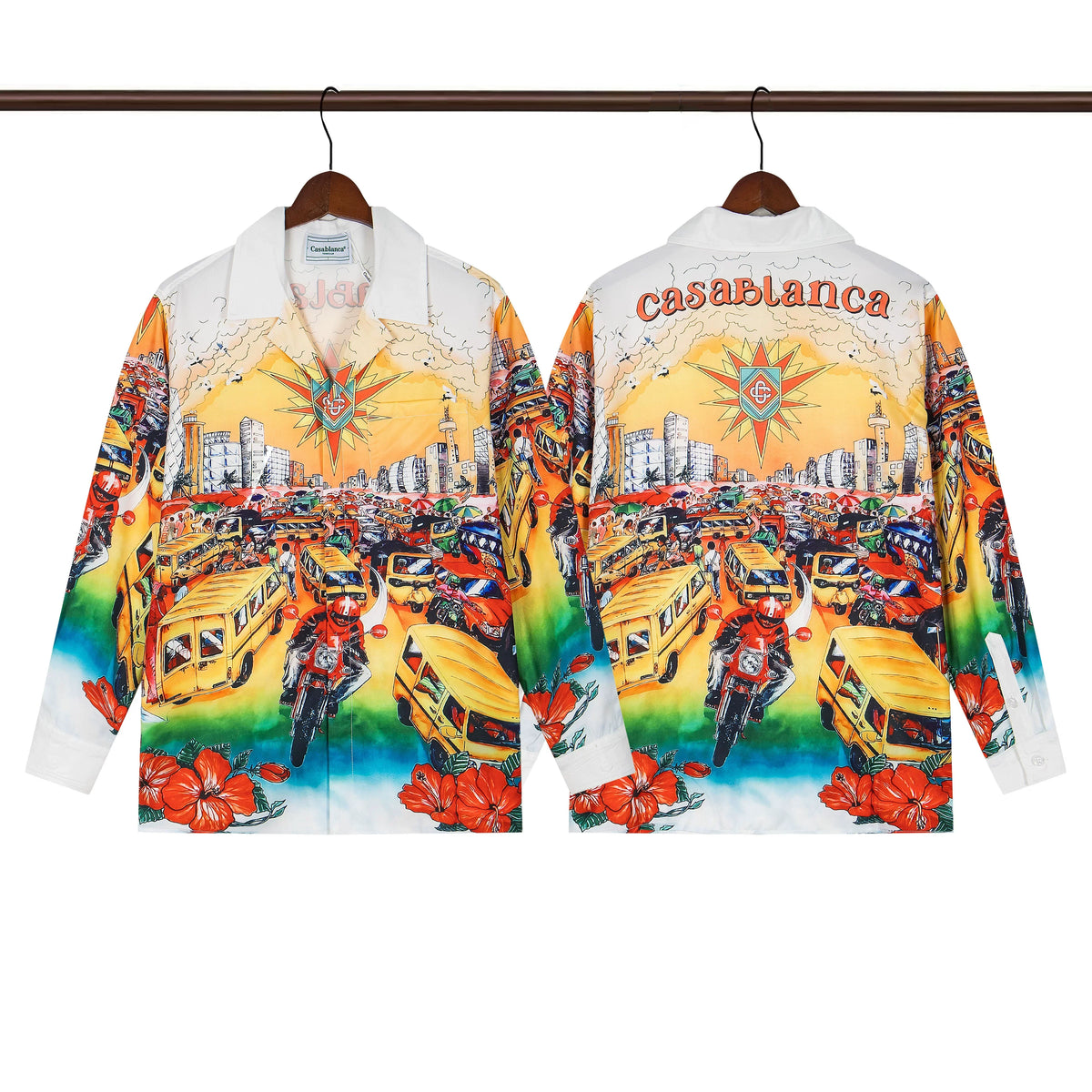 Casablanca City Traffic & Golden Sun Silk-Style Shirt - White / Multi