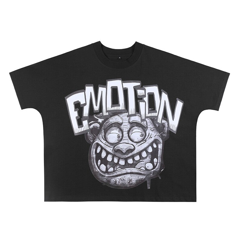 MIXED EMOTIO Monster Face Emotion Graphic Short Sleeve T‑Shirt Black