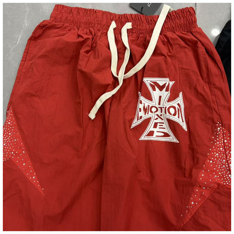 MIXED EMOTIO Cross Logo Rhinestone Panel Wide Leg Sweatpants Red