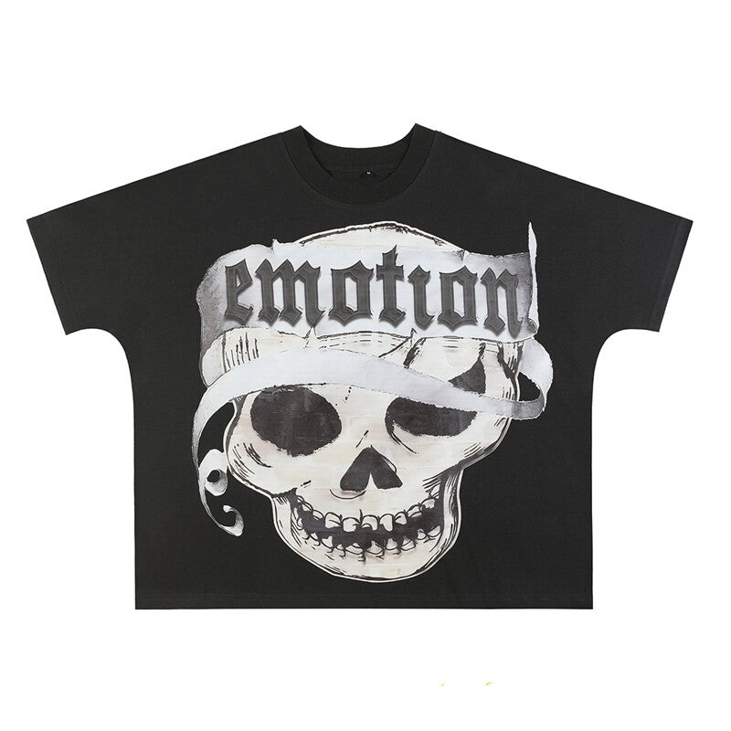 MIXED EMOTIO Blindfold Skull Vintage Graphic Short Sleeve T‑Shirt Black