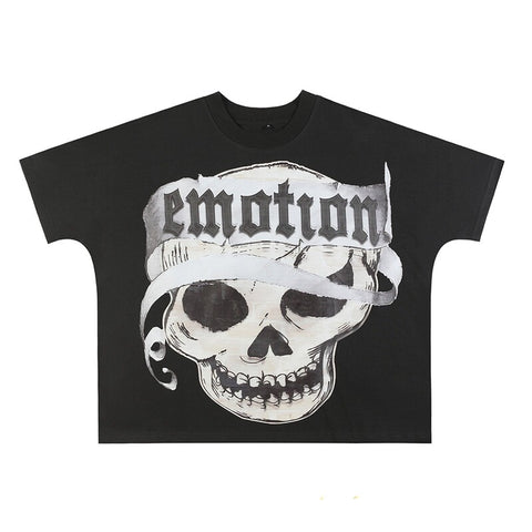 MIXED EMOTIO Blindfold Skull Vintage Graphic Short Sleeve T‑Shirt Black
