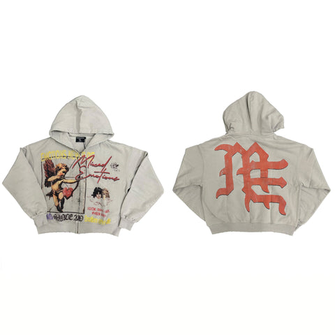 MIXED EMOTIO Vintage Cupid Angel Graphic Full Zip‑Up Hoodie Grey