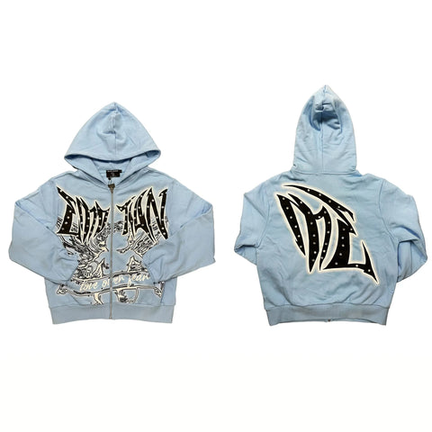 MIXED EMOTIO Love Over Fear Gothic Graphic Full Zip‑Up Hoodie Light Blue