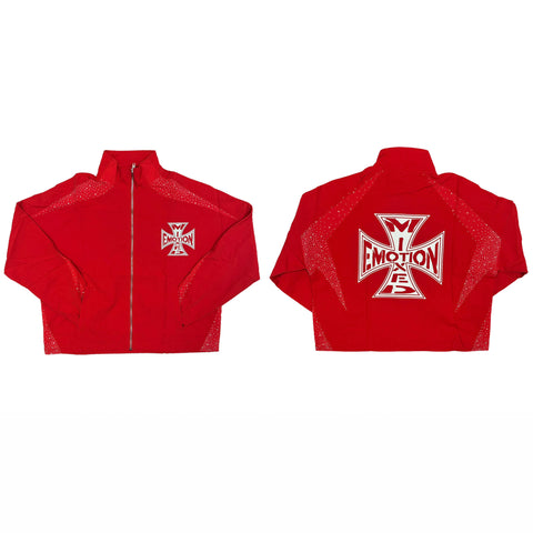 MIXED EMOTIO Cross Logo Rhinestone Panel Full‑Zip Track Jacket Red