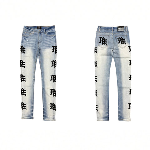 MIXED EMOTIO Gothic Logo Side‑Print Slim Denim Jeans Light Blue Wash