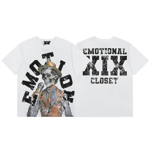MIXED EMOTIO Skeleton Singer Double‑Sided Graphic White Short‑Sleeve T‑Shirt