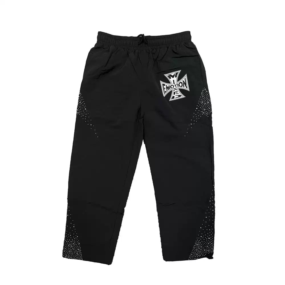 MIXED EMOTIO Cross Logo Rhinestone Panel Wide Leg Sweatpants Black
