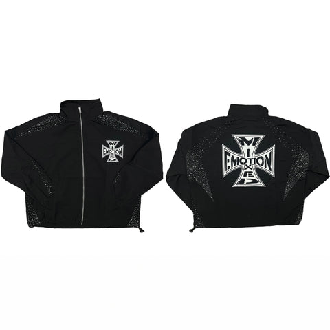 MIXED EMOTIO Cross Logo Rhinestone Panel Full‑Zip Track Jacket Black