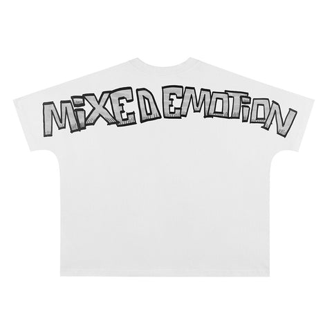 MIXED EMOTIO Headphone Skull Vinyl Record Graphic Short Sleeve T‑Shirt White
