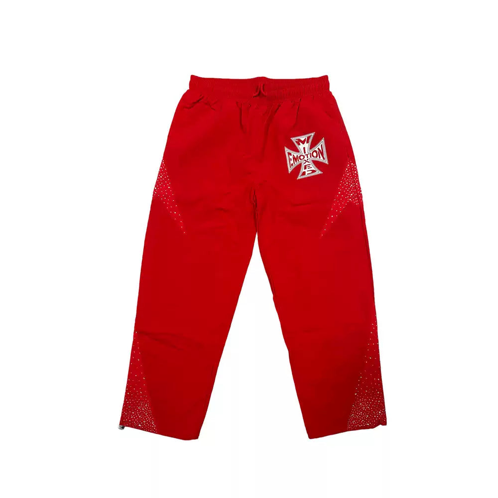 MIXED EMOTIO Cross Logo Rhinestone Panel Wide Leg Sweatpants Red