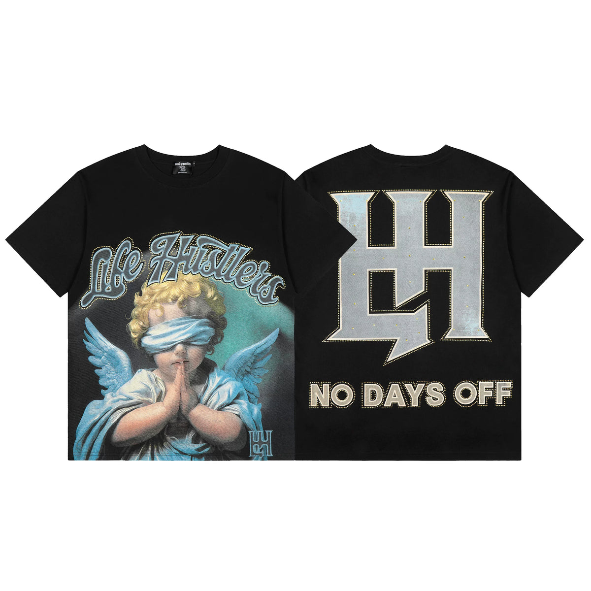 MIXED EMOTIO Blindfolded Praying Cherub Double‑Sided Graphic Black Short‑Sleeve T‑Shirt