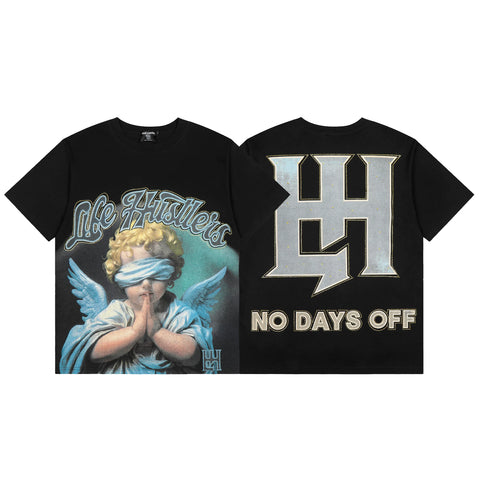 MIXED EMOTIO Blindfolded Praying Cherub Double‑Sided Graphic Black Short‑Sleeve T‑Shirt