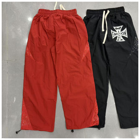 MIXED EMOTIO Cross Logo Rhinestone Panel Wide Leg Sweatpants Red