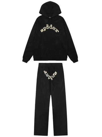 Sp5der Rhinestone Letter Graphic Hoodie and Sweatpants Tracksuit Set