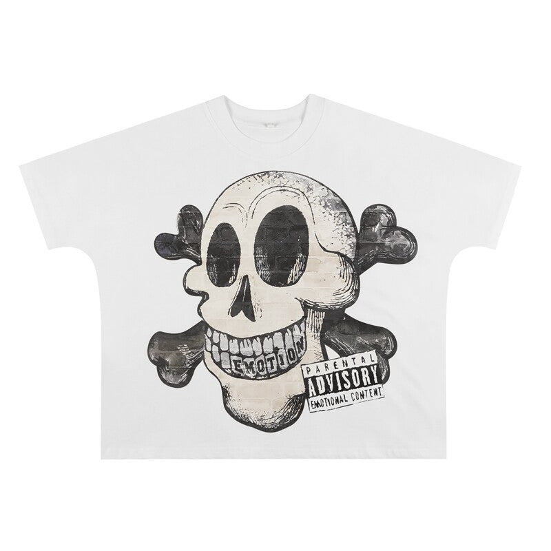 MIXED EMOTIO Cartoon Skull Crossbone Graphic Short Sleeve T‑Shirt White