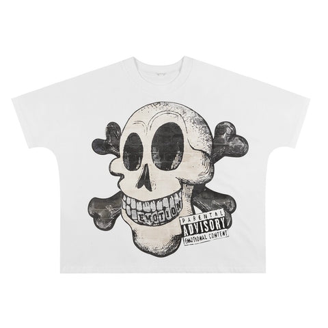 MIXED EMOTIO Cartoon Skull Crossbone Graphic Short Sleeve T‑Shirt White