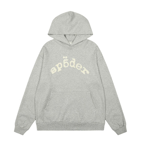 Sp5der Rhinestone Letter Graphic Grey Pullover Hoodie