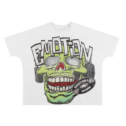 MIXED EMOTIO Headphone Skull Vinyl Record Graphic Short Sleeve T‑Shirt White