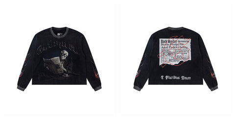 Godspeed "E Pluribus Unum" Black Monday Newspaper Skeleton Black Long Sleeve Tee