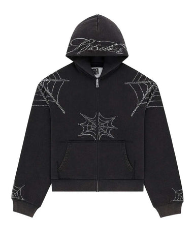 Sp5der Rhinestone Web Zip Up Hoodie Black
