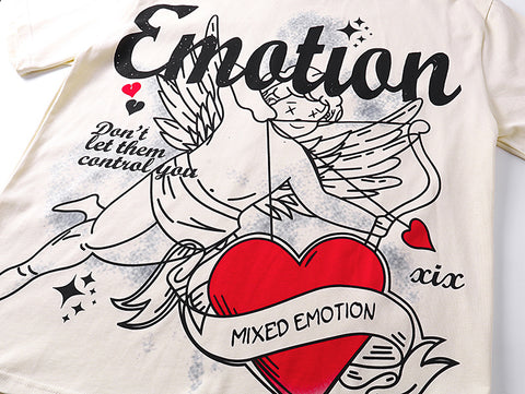 MIXED EMOTIO Tattoo‑Style Cupid Heart Graphic Short Sleeve T‑Shirt