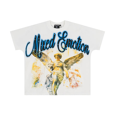 MIXED EMOTIO Vintage Angel Rhinestone Cursive Graphic Short Sleeve T‑Shirt