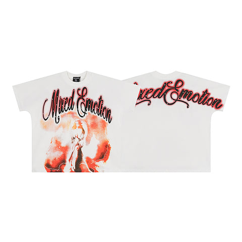MIXED EMOTIO Abstract Angel Red‑Glow Rhinestone Cursive Graphic Short Sleeve T‑Shirt