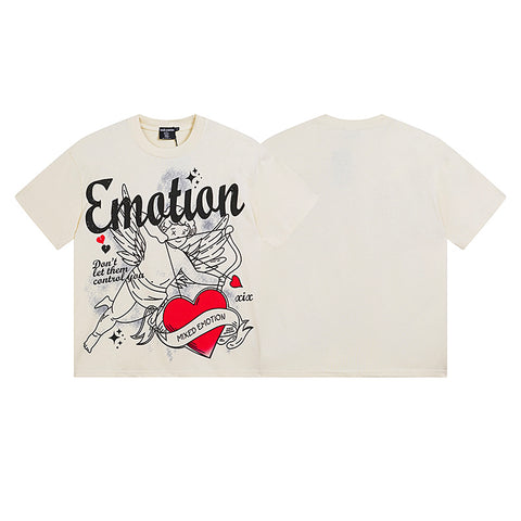 MIXED EMOTIO Tattoo‑Style Cupid Heart Graphic Short Sleeve T‑Shirt