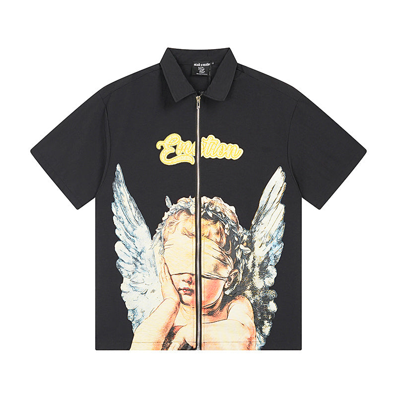 MIXED EMOTIO Blindfolded Cherub Full‑Zip Short‑Sleeve Polo Shirt