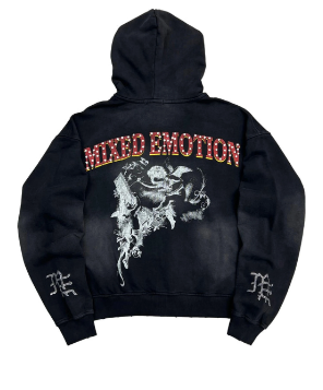 MIXED EMOTIO Fallen Beauty Vintage Angel Graphic Full Zip‑Up Hoodie Black